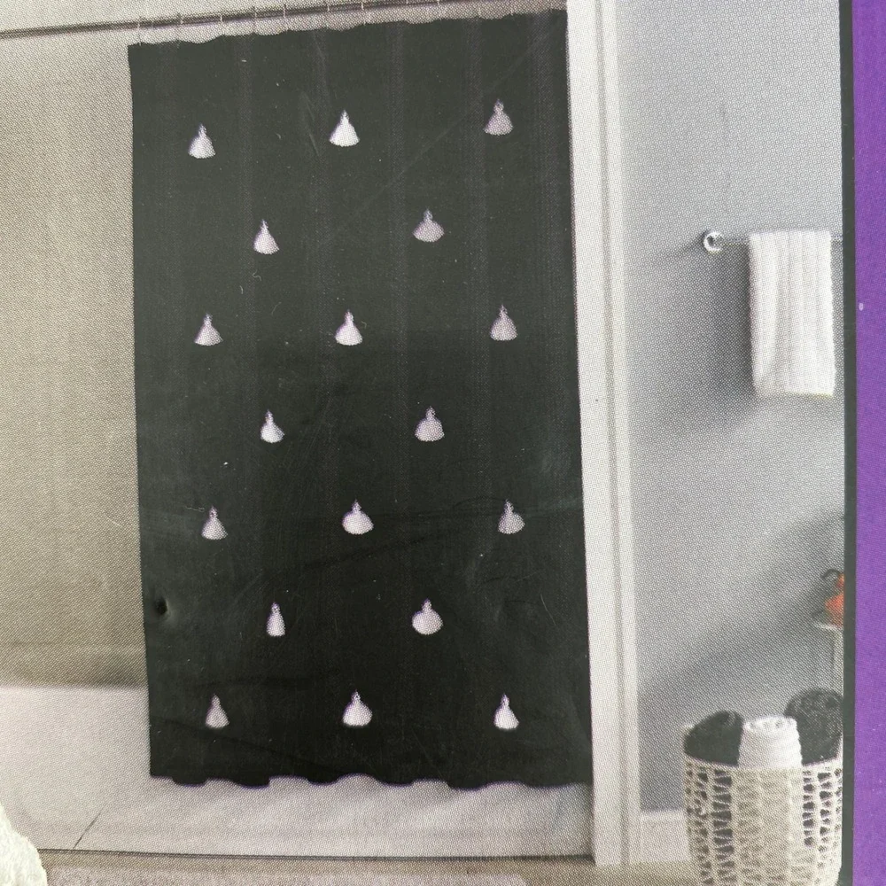 Martha Stewart Shower Curtain Black Waffle Weave Tassel Ghost Halloween Spooky